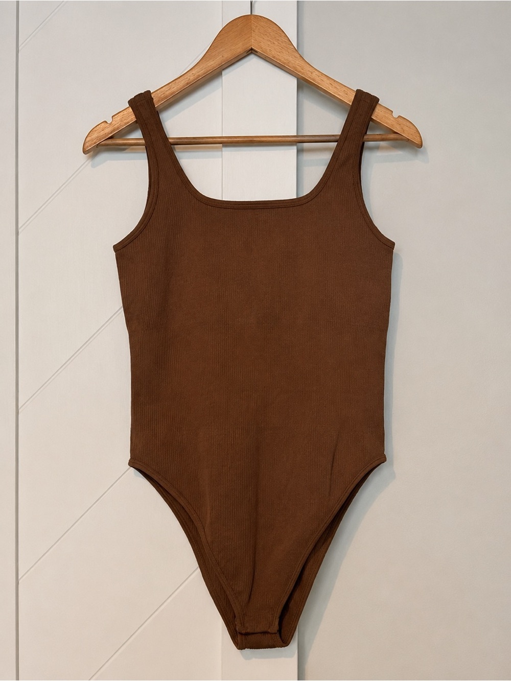OQQ Ribbed Square Neck Bodysuit Brown XL Sleeveless Stretch One Piece